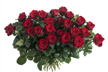 bouquet of red roses heart shape top view isolated on white background