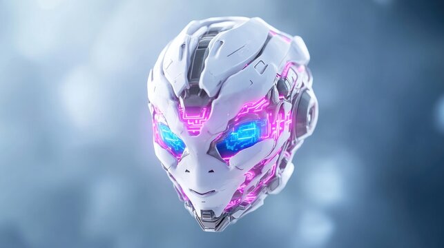 Futuristic robotic head with glowing features.  A sleek, white, mechanical head with intricate details and vibrant glowing accents, appearing as a futuristic AI or robot head.  