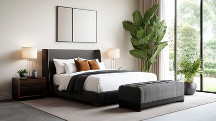 Fototapeta premium A Stunning High-Fidelity Rende of a Luxurious Bedroom Featu a King-Size Bed with Dark Gray Upholstery and Elegant Decor for Modern Living Spaces