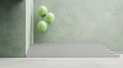 Poetic stop-motion of green balloons gently rising up a minimalist staircase, following one another with soft motions, set against a cool architectural corner in the heart of the city. , Minimalism
