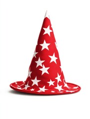 Red Wizard Hat with White Stars on White Background Still Life