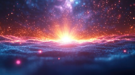 Glowing particles rising, cosmic landscape, digital art, background