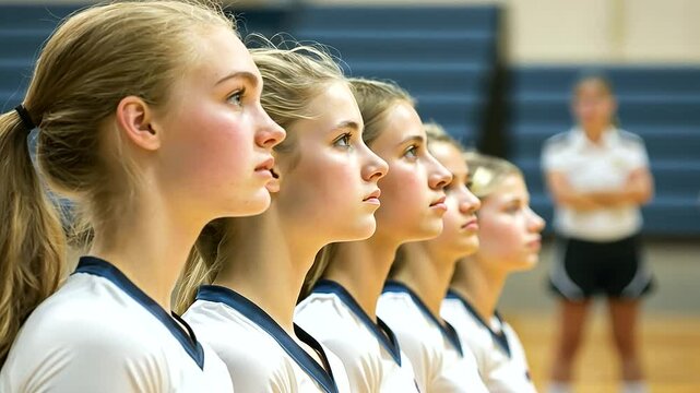 Volleyball team strategizing during timeout in competitive match