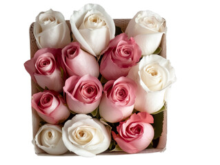A lovely assortment of pink and white roses is beautifully arranged in a square box. This floral display is perfect for celebrations, gifts, or home decor