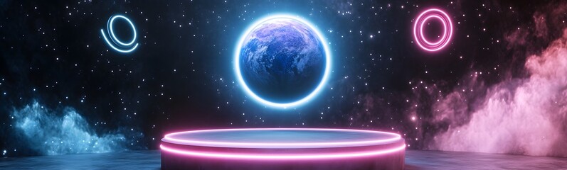 Obraz premium A levitating podium with anti-gravity energy, surrounded by floating neon rings.