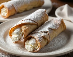 A traditional Italian cannoli, its ricotta filling dusted with powdered sugar