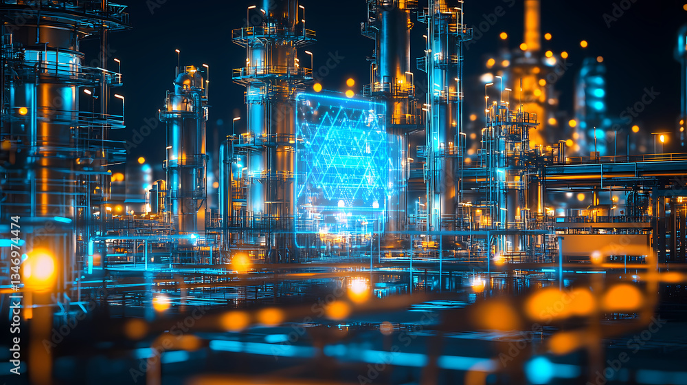 Poster industrial nightscape: illuminated structures of a modern factory create a stunning display against 