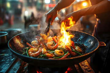 Fototapeta premium Chef flames shrimp stir-fry, night market, delicious food