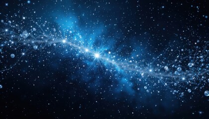 Naklejka premium Cosmic Action: Shimmering Silver Confetti in Deep Blue Starry Sky, Abstract Background, Space Environment, Artistic Viewpoint