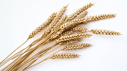 Golden wheat stalks on white, harvest background, food