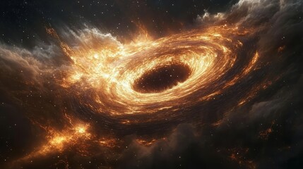 Obraz premium A black hole surrounded by a shimmering accretion disk, with stars being consumed by its gravity 