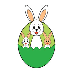A cute rabbit family snuggles inside a green egg, symbolizing warmth and togetherness. Soft fur, floppy ears, and gentle eyes create a heartwarming Easter scene.