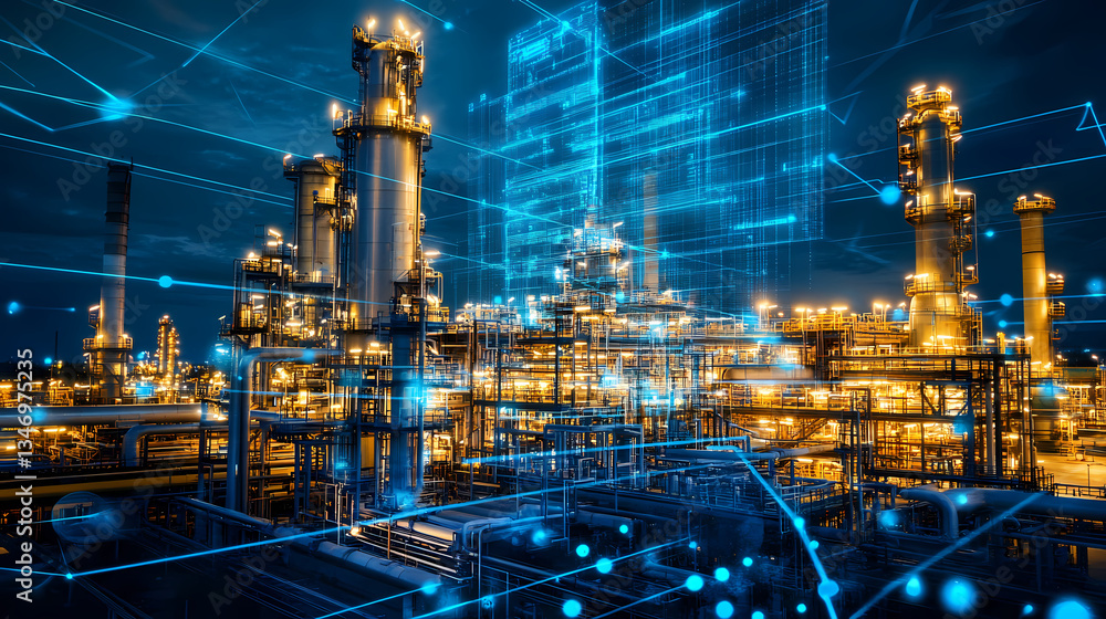 Poster industrial network: a modern factory is interconnected with a digital network and bathed in cool ele