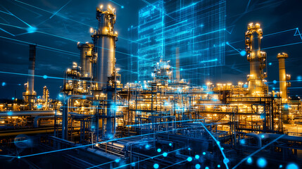Industrial Network: A modern factory is interconnected with a digital network and bathed in cool electric light, emphasizing technological advancement and complex industrial processes.