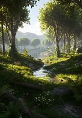 Obraz premium Serene River Lush Forest Tranquil Nature Scene