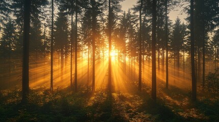 Obraz premium Golden sunrise in a misty forest