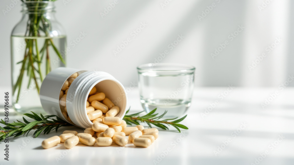 Poster a container of magnesium glycinate supplements with a few scattered pills on a clean surface.