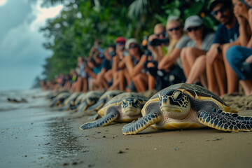 Eco-tourists enjoying the wonder of sea turtles nesting on the shore