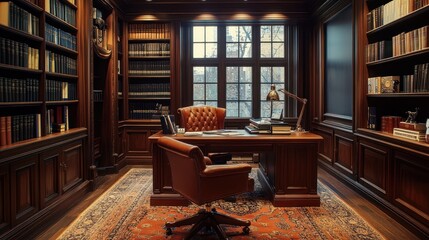 Luxurious wooden study with leather chair and bookshelves.  Possible use Stock photo for interior design, home decor, or office design