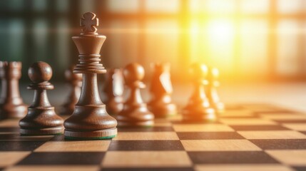 A chessboard under mysterious lighting, where shadows from the pieces fall in unexpected ways, creating a sense of intrigue and uncertainty in the game. , Minimalism Clean and clear background color,