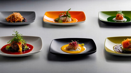 Set of different colorful plates with appetizers on a gray background