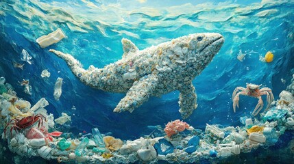 Plastic shark in polluted ocean; marine debris; environmental problem; awareness; ocean;  pollution; conservation; sustainable