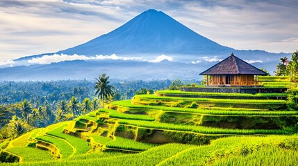 Tranquil Rice Terraces and Majestic Mountain in Serene Landscape at Sunrise