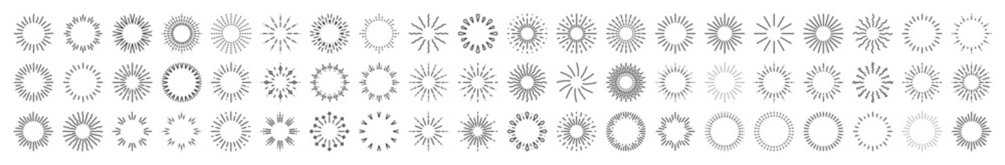 Starburst set. Sparkle sunburst rays. Star, firework explosion, sun beams, black lines, surprise, outline, confetti, decorative, retro style. Art design elements. Vintage sunburst.