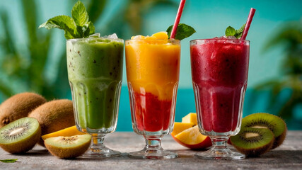 Colorful smoothies with mango, kiwi and raspberry decorated with mint and straws in elegant glass