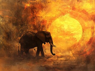 Elephant walks against a burning orange sun.