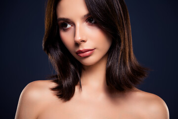 Naklejka premium Elegant Portrait of a Young Woman With Natural Makeup and Dark Hair on a Deep Blue Background