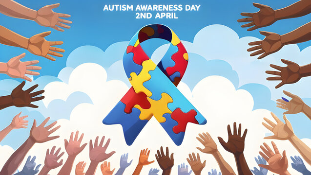 Autism Awareness 2nd April: Blue Ribbon and Diverse Hands for Awareness"