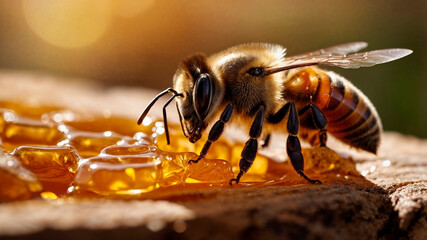 Macro shot of a bee on honeycombs in the golden sunset light