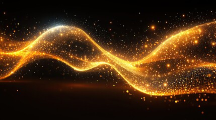 Golden light wave, particles, dark background, abstract design