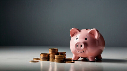 Piggy bank with coins on gray background, saving money concept