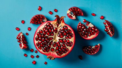 Ripe pomegranate fruit on blue background, top view