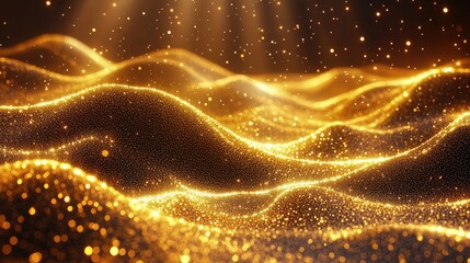 Obraz premium Golden particles flowing, dark background, light rays, luxury backdrop