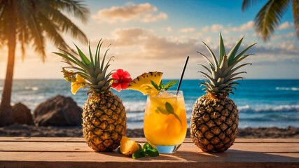 Delicious cocktail with pineapples on the beach at sunset