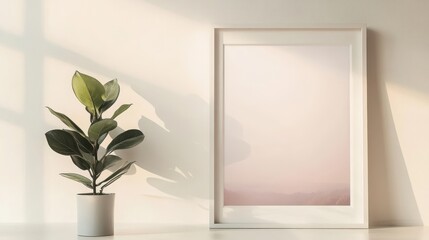 Minimalist Home Decor with Ficus Lyrata Plant and White Frame Mockup