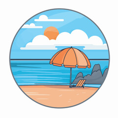 Serene beach scene with an orange umbrella, ocean waves, and a sunset view.