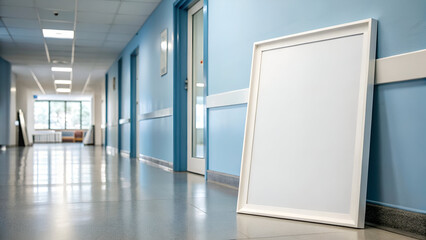 Empty Frame in Corridor: A blank frame propped up in a hospital corridor, highlighting the potential for art or informational display.