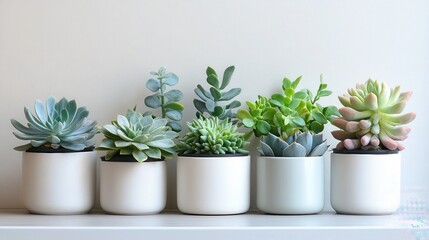 Obraz premium Six Succulents in White Pots Minimalist Home Decor Arrangement