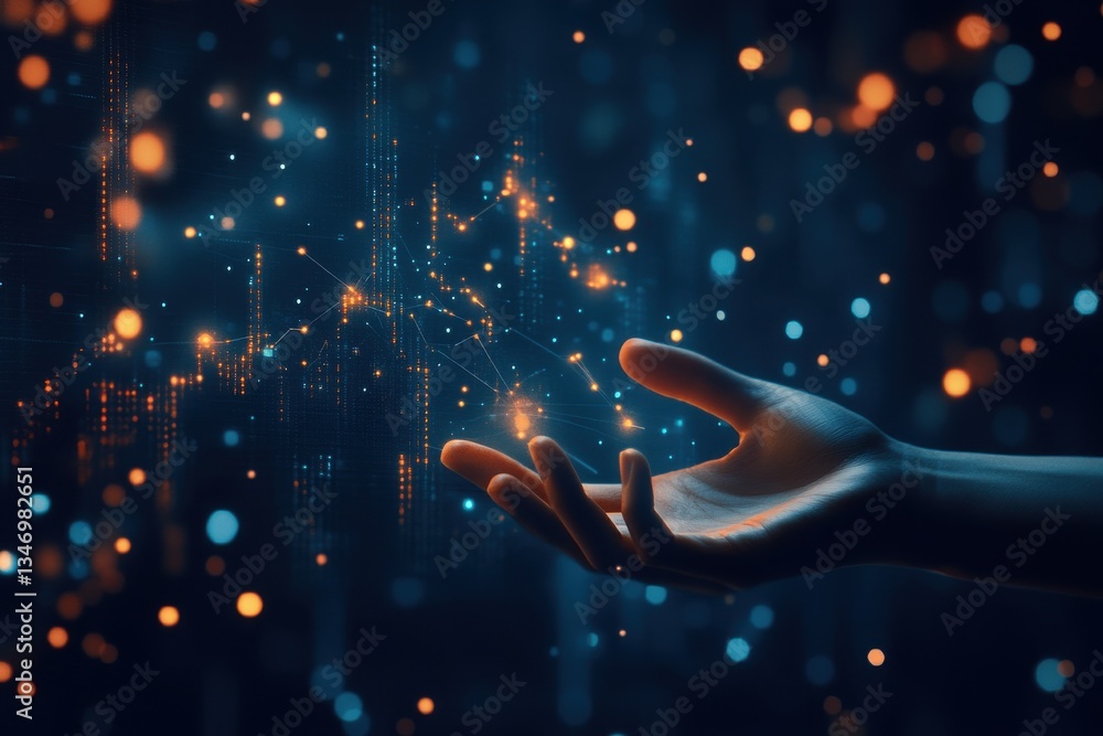 Poster a hand reaching out towards glowing particles in a dark space with bokeh lights creating a magical s