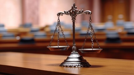 Justice scales in courtroom; fair judgment; balance; legal proceedings;  background;  stock photo