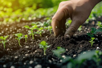Hand planting seedlings in fertile soil, nurturing new life and growth under sunlight.