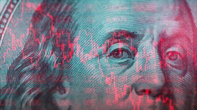American bear stock market trading graph in red color. United States 100 dollars bill on background. Economic falling. Effect of recession and crisis on US economy. Stocks crash. Exchange loss trading