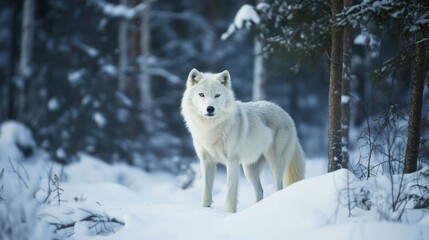Naklejka premium A white wolf in snowy forest.