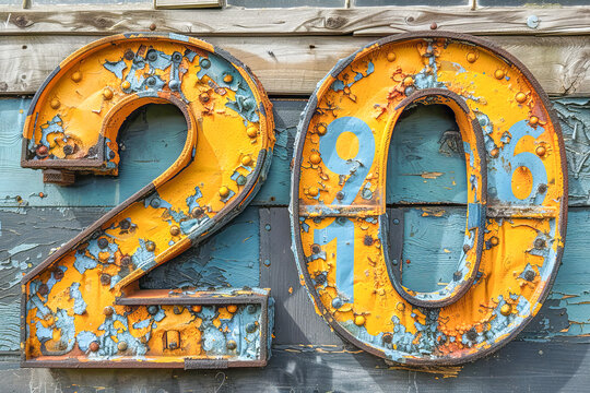 Old, weathered, and rusted yellow numbers 2096 on a wooden wall showing signs of decay