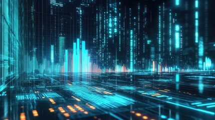 Futuristic digital cityscape with glowing data streams and vibrant light patterns in a high-tech environment