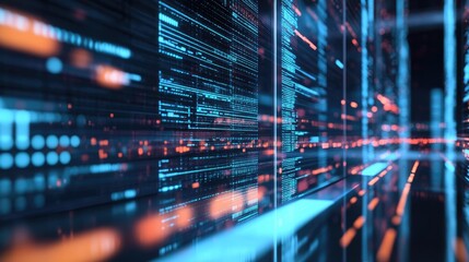 Abstract digital data flow with vibrant blue and orange lights creating a futuristic technology backdrop